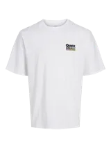 Camiseta blanca de manga corta y cuello redondo con estampado de conejo y texto 'Quick Call International Sportswear On Time Since 1990'.