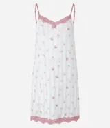 Camisola corta de viscosa estampada con flores y rayas verticales, breteles finos regulables y detalle de encaje rosa en escote y ruedo.