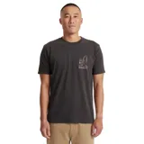 Remera negra de manga corta con cuello redondo y estampado pequeño en el pecho con un dibujo y la palabra "ROARK".