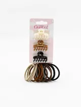 Pack de 15 accesorios para el pelo color marrón, que incluye coleros elásticos y pinzas tipo clip.