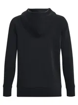 Buzo deportivo Under Armour Rival Fleece negro, con capucha, logo estampado en blanco y bolsillo tipo canguro.