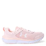 Zapatillas de running color rosa con detalles en blanco, con tecnología de amortiguación y suela antideslizante.