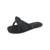 Sandalias Panama Jack negras con tiras trenzadas y suela plana.