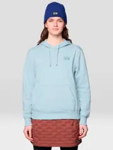 Buzo con capucha y bolsillo canguro, color azul celeste claro, con el logo de Mountain Hardwear estampado en el pecho en tono azul verdoso.
