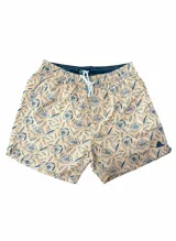 Short de baño color beige con estampado de flores azules, cintura elástica con cordón ajustable, dos bolsillos laterales y uno trasero.