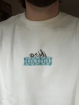 Remera marrón de corte holgado con estampado en la espalda que incluye la palabra 'Ibiza' y la frase 'It Itai' sobre bloques de hielo.