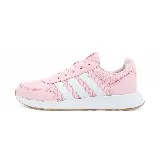 Championes Adidas Run50s color rosa con las tres tiras blancas a los costados. Suela blanca con base marrón.