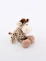 Jirafa de peluche marrón con manchas marrones, ojos negros y melena marrón.