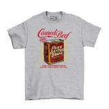 Remera gris de algodón con estampa de una lata de corned beef marca Fray Bentos.
