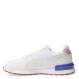 Zapatillas deportivas color blanco con detalles en rosa y violeta, diseño moderno y cómodo.