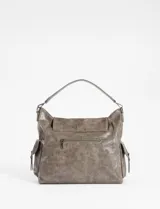 Cartera tipo hobo de cuero vegano color negro, con tapa frontal, cierre de hebilla central y bolsillos laterales con cierre.