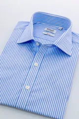 Camisa de corte slim-fit con cuello corto y estampado de rayas azul y blanco, confeccionada en 100% algodón.