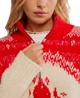 Sweater tejido en color blanco y rojo, con diseño de jacquard. Presenta cuello alto con media cremallera, corte holgado y extragrande, y dobladillos y escote acanalados.