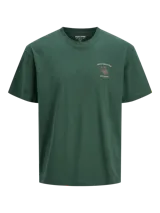 Camiseta verde oscuro de manga corta y cuello redondo con estampado de flores y texto en la espalda.