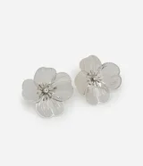 Aros de metal plateado con forma de flor alambrada y centro de strass.