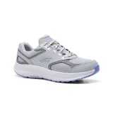 Championes deportivos Skechers Go Run Consistent 2.0 Advantage, color gris con detalles en lila. Confeccionados con materiales reciclados, capellada de malla deportiva, amortiguación Ultra Light, tecnología M-Strike y plantilla Air-Cooled Goga Mat.