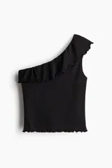 Top negro de punto texturizado con un solo hombro y volado ancho en el escote. Diseño ajustado con ribetes sobrehilados.