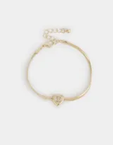 Pulsera dorada de cadena cola de ratón con dije de corazón adornado con strass y cierre de mosquetón.
