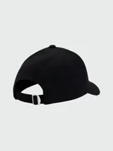 Gorra azul marino de lana con visera curva y etiqueta con logo de cuero sintético en el lateral.