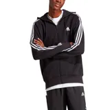 Campera Adidas Essentials French Terry de hombre, color negro con capucha y cierre completo. Diseño con tres rayas blancas en las mangas y logo Adidas bordado en el pecho.