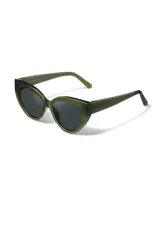 Gafas de sol con forma de ojo de gato, montura de acetato biodegradable color verde y lentes de PMMA reciclado color negro.