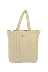 Bolso tipo tote color beige con diseño acolchado y logo bordado.