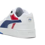 Championes Puma BMW MMS RBD Break Low, de cuero sintético blanco con detalles en azul y rojo. Presentan el logo de BMW Motorsport en el lateral y suela de goma.