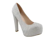Zapatos de tacón alto plateados, con plataforma y detalle de strass.