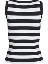 Musculosa Calvin Klein Jeans a rayas horizontales blancas y negras, con cuello redondo y logo CK en el ruedo.