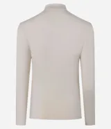 Blusa color beige de poliéster y elastano, de mangas largas, con cuello alto y fruncidos delanteros.