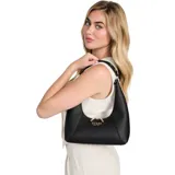 Bolso de hombro Guess color negro, confeccionado en ecocuero con acabado texturizado. Tiene cierre superior con cremallera, correa fija y herrajes dorados.