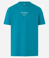 Remera celeste de algodón con cuello redondo y mangas cortas. Estampa frontal con la palabra "VELEJAR" y otros textos en blanco.
