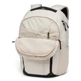 Mochila Columbia unisex de 26 litros, color beige con detalles en negro. Cuenta con dos compartimentos principales, funda para tablet y laptop de hasta 15 pulgadas, correas de hombro acolchadas, dos bolsillos para botellas de agua, bolsillo frontal y bolsillo externo con cremallera. Incluye correa de esternón ajustable, clip para llaves y asa de transporte superior acolchada.