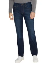 Jeans de corte recto confeccionados en tejido denim de algodón elástico azul oscuro. Presenta el parche con el logo de Tommy Hilfiger en la parte trasera.