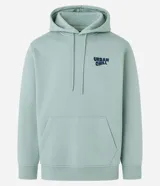 Hoodie de algodón y poliéster color verde menta, con capucha ajustable con cordón y bolsillo canguro frontal. Presenta un pequeño logo bordado en el pecho izquierdo con el texto "Urban Chill".