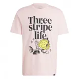 Remera Adidas color rosa con estampado de un sol con auriculares y la frase "Three stripe life".