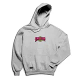 Canguro gris con capucha y bolsillo delantero, con estampado frontal del logo "Emexem" en rosa y verde neón.
