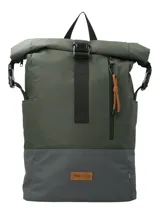 Mochila RKF color verde con detalles en gris. Fabricada con poliéster reciclado repelente al agua, con múltiples bolsillos y compartimentos, forro interior 100% poliéster reciclado, correas ajustables y llavero mosquetón.