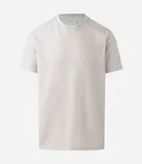 Remera masculina de manga corta, cuello redondo y textura acanalada, color beige claro.