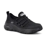 Championes Skechers Arch Fit negros, tipo slip-on, con cordones elásticos y plantilla con soporte para el arco plantar.