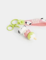 Llavero con dije de helado apilable con forma de perrito, con mosquetón metálico y correa de silicona rosa con estampado de caritas de perro y la frase "Sweet Time".