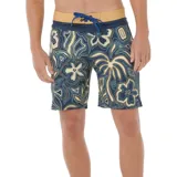 Short de baño Rip Curl Mirage Barrel Killaa con estampado de flores y palmeras en tonos azul, beige y marrón.