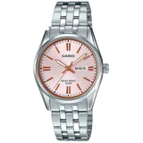 Reloj Casio para mujer, modelo LTP1335D, con caja y pulsera de acero inoxidable plateado, esfera rosa de 30mm, agujas y marcadores de hora en color cobre, indicador de día de la semana y fecha, y resistencia al agua de 50 metros.