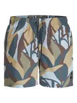 Short de baño con estampado abstracto en tonos celeste, marrón, beige y gris. Tiene cintura elástica con cordón ajustable, bolsillos laterales y un bolsillo trasero.