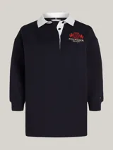 Vestido corto Tommy Hilfiger de estilo rugby, color azul marino, con cuello blanco, mangas largas y logo bordado en el pecho.