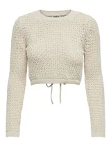 Sweater corto color crema, tejido a crochet con cuello redondo y mangas largas.