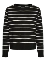 Sweater de punto negro con rayas horizontales blancas, cuello redondo y mangas largas.