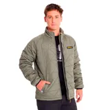 Chaqueta acolchada de hombre, color verde oliva, con cuello alto y cierre frontal. Presenta un patrón de costuras en forma de rombos y un parche de logo Caterpillar en el pecho izquierdo.