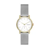 Reloj Skagen para mujer, con caja dorada, esfera blanca y malla de acero plateada.