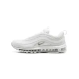 Zapatillas deportivas Nike Air Max 97, completamente blancas, con líneas onduladas reflectantes en el exterior, logo Swoosh plateado y unidad Air Max visible a lo largo de toda la suela.